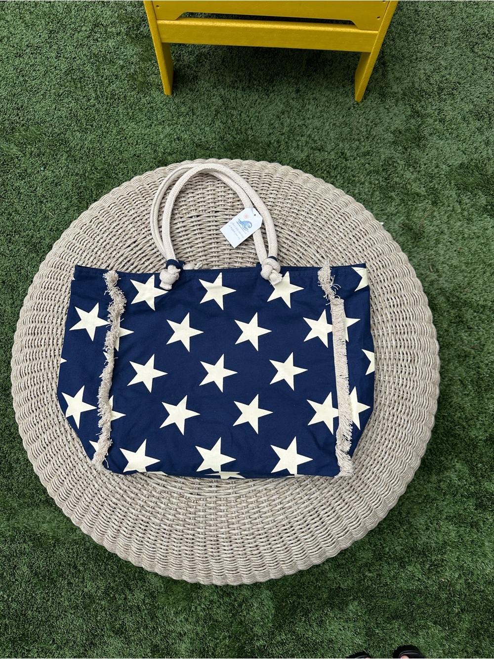 NWT Navy Blue Star Canvas Beach Bag Tote Rope Handle Fringe